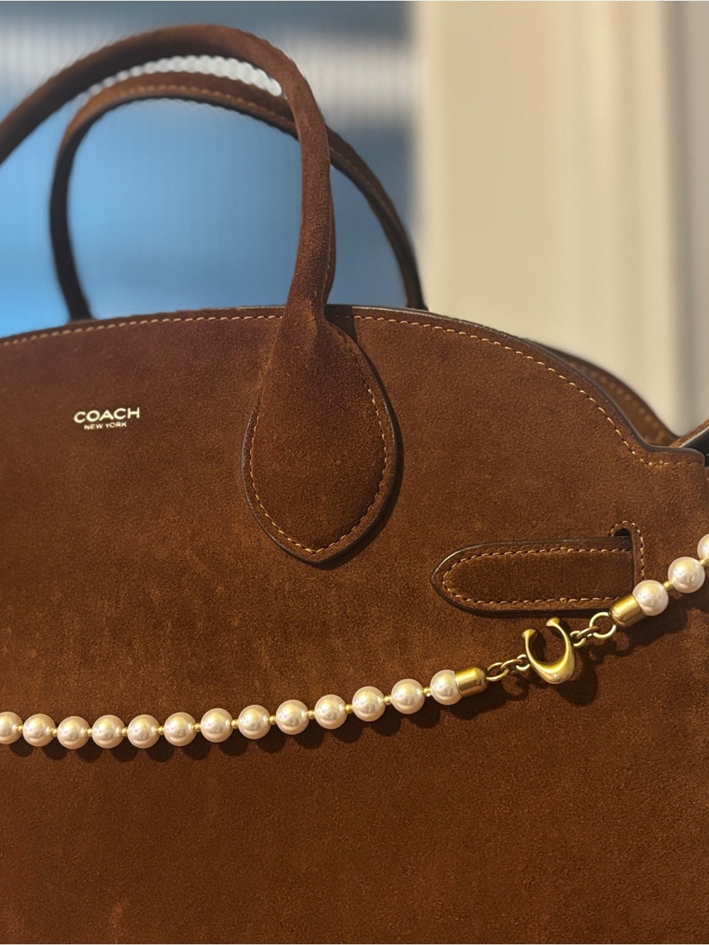 Coach Soft Empire Carryall Bag 40 in Brown Suede Satchel with Pearl Accent Strap - Picture 2 of 15
